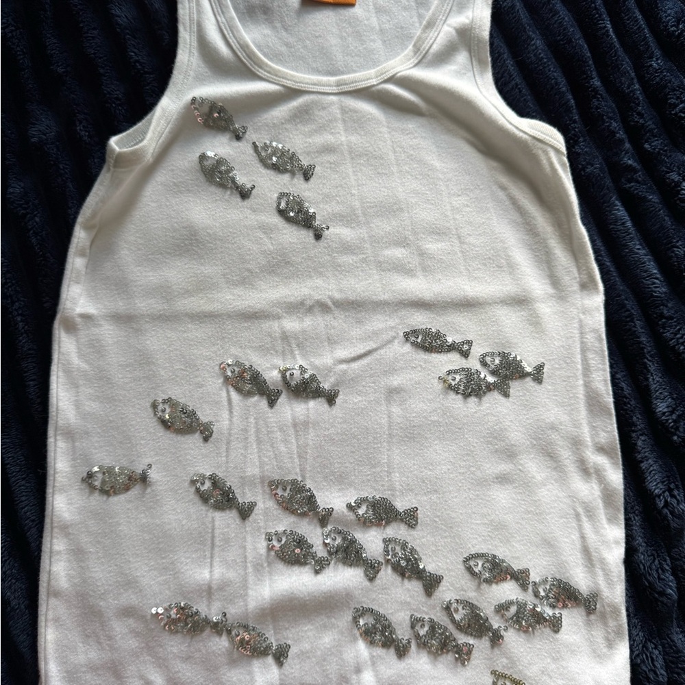 White Tank Top with Silver Sequin Fish